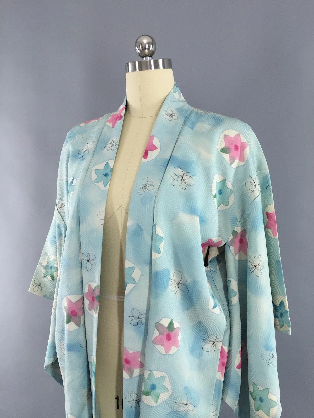 1950s Vintage Silk Haori Kimono Cardigan Jacket with Aqua Blue and Pink Stars