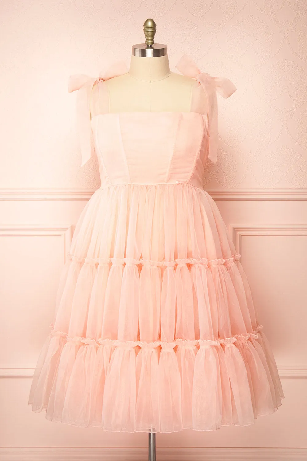 Abigail | Tiered Pink Tulle Midi Dress