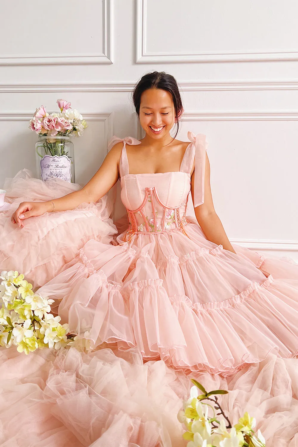 Abigail | Tiered Pink Tulle Midi Dress