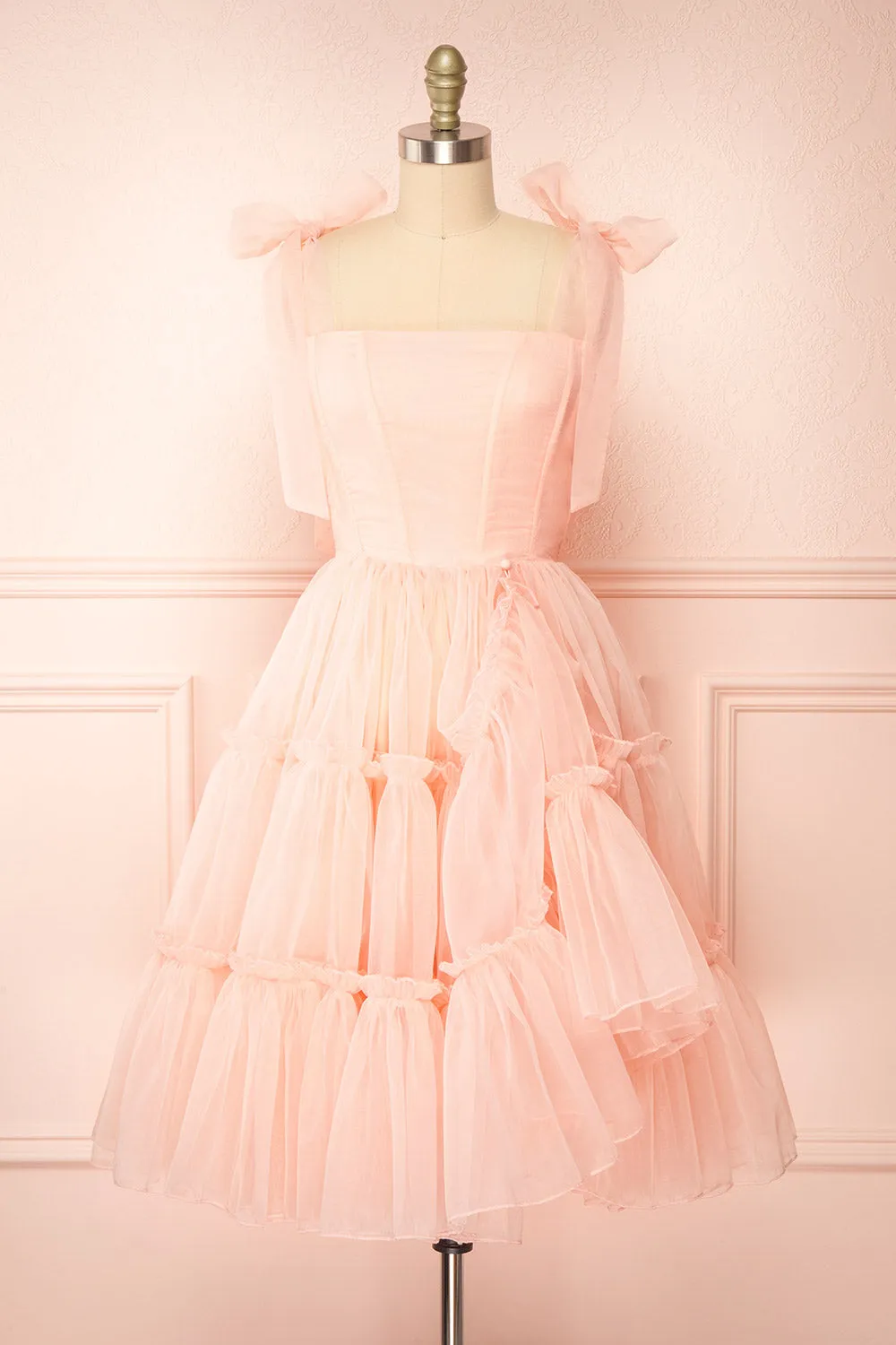 Abigail | Tiered Pink Tulle Midi Dress