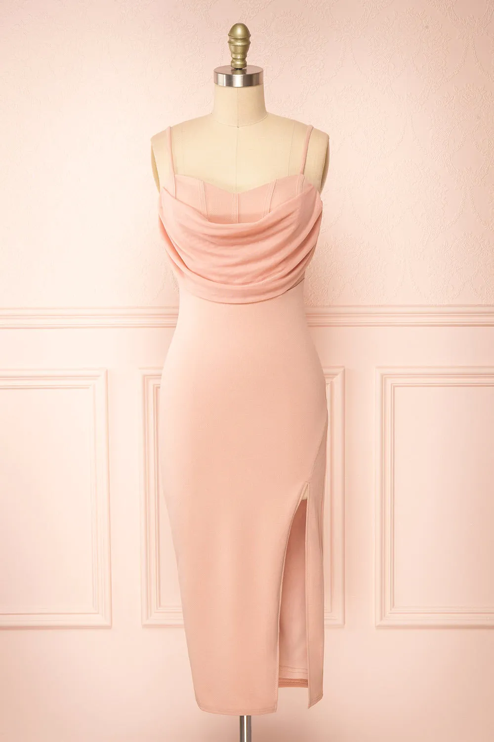 Astoria Pink | Fitted Midi Dress w/ Cowl Neck