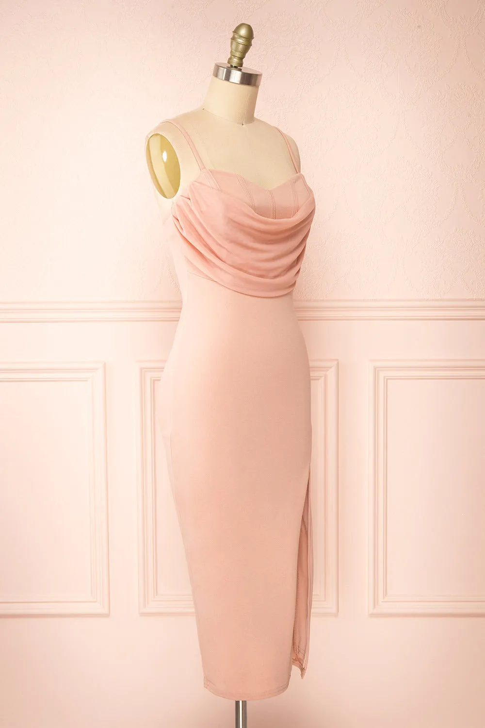 Astoria Pink | Fitted Midi Dress w/ Cowl Neck
