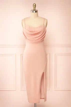 Astoria Pink | Fitted Midi Dress w/ Cowl Neck
