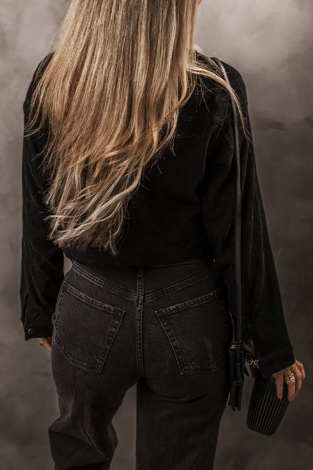 Blue Zone Planet |  Black Fleece Lined Button-up Collared Corduroy Crop Jacket