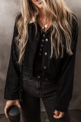Blue Zone Planet |  Black Fleece Lined Button-up Collared Corduroy Crop Jacket