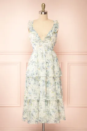 Calania | Tiered Floral Midi Dress w/ Ruffles
