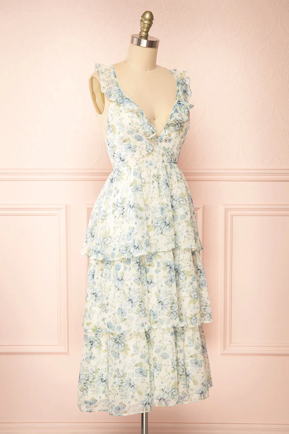 Calania | Tiered Floral Midi Dress w/ Ruffles