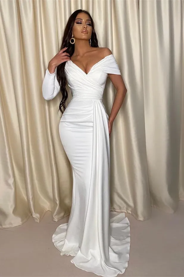 Chic White One Shoulder Off-the-Shoulder Evening Prom Dress with Pleats