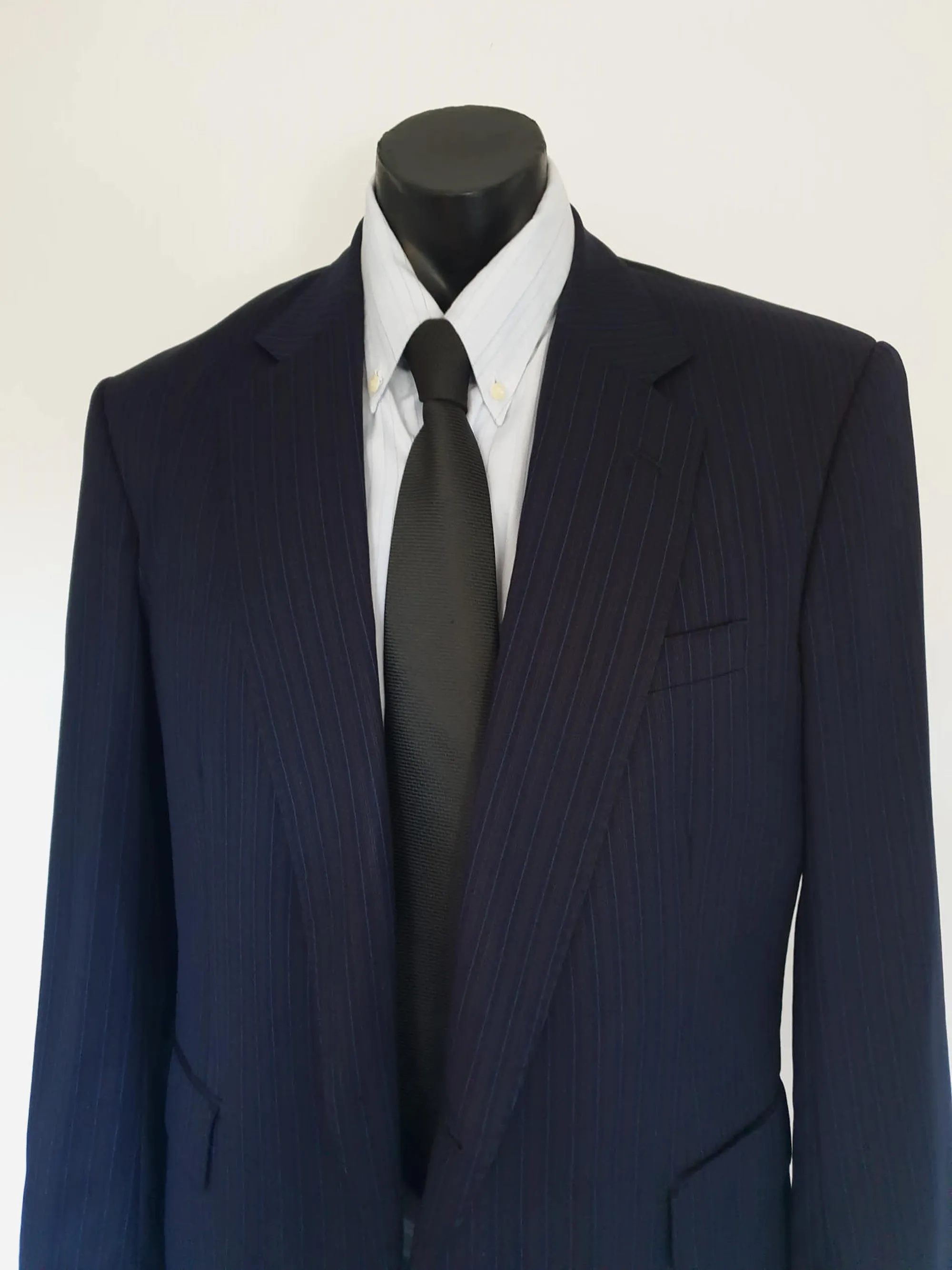 Classic Navy Blue Pinstriped Wool Jacket - Strickland & Sons Savile Row - 2010 - 42R