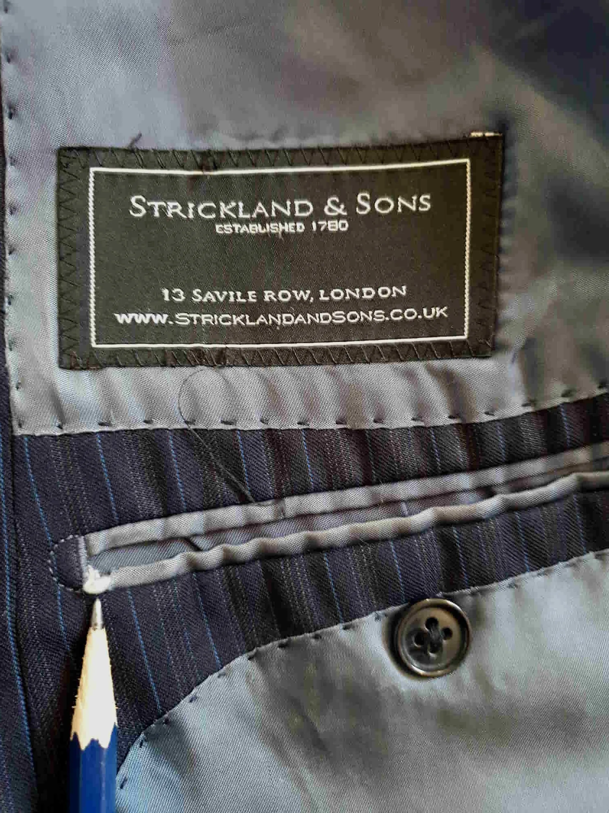 Classic Navy Blue Pinstriped Wool Jacket - Strickland & Sons Savile Row - 2010 - 42R