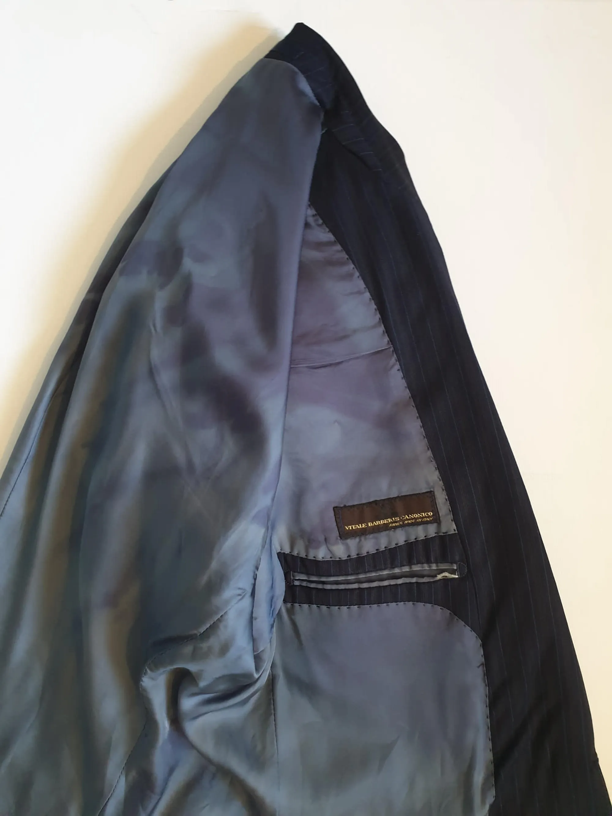Classic Navy Blue Pinstriped Wool Jacket - Strickland & Sons Savile Row - 2010 - 42R