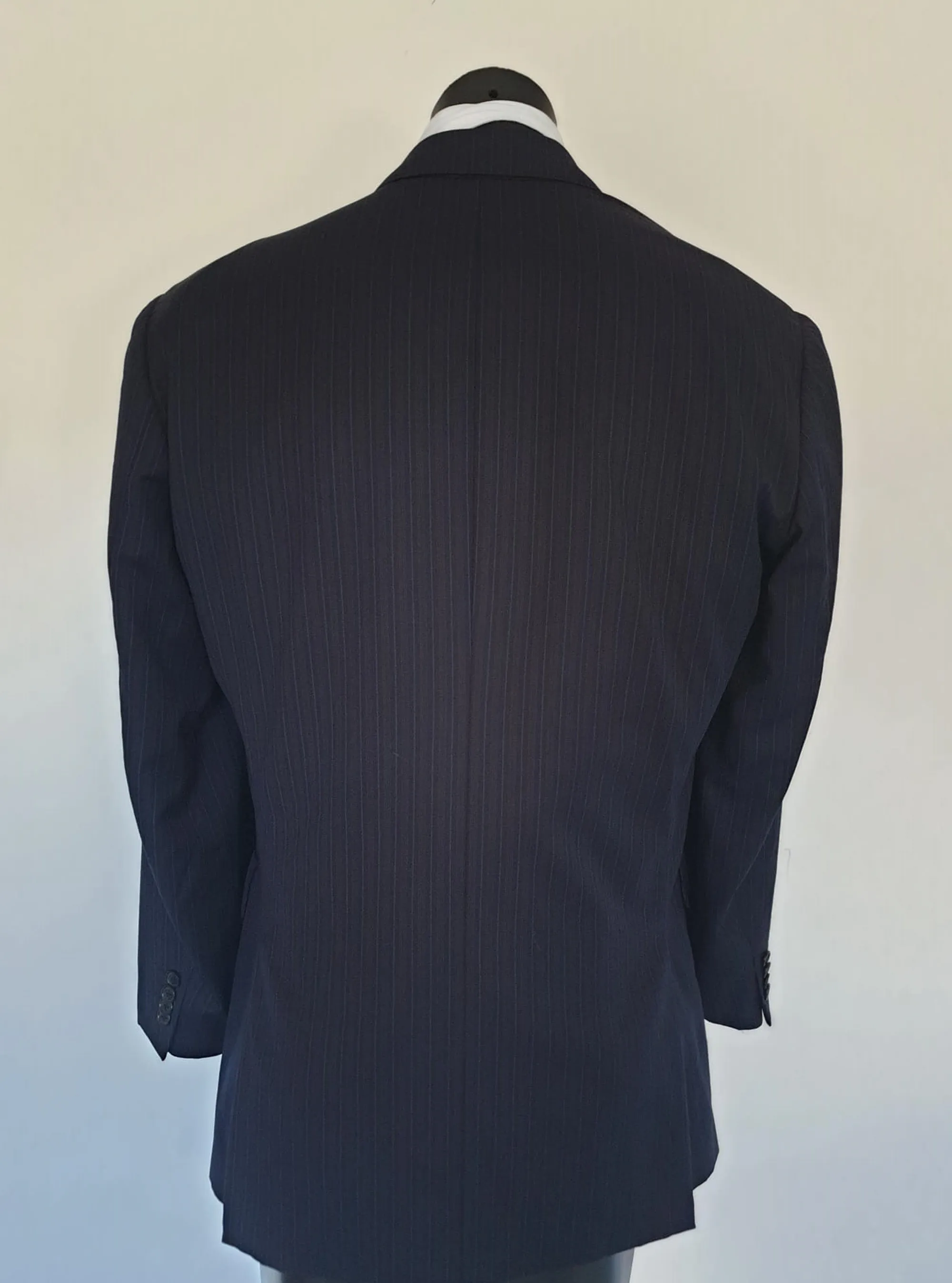 Classic Navy Blue Pinstriped Wool Jacket - Strickland & Sons Savile Row - 2010 - 42R