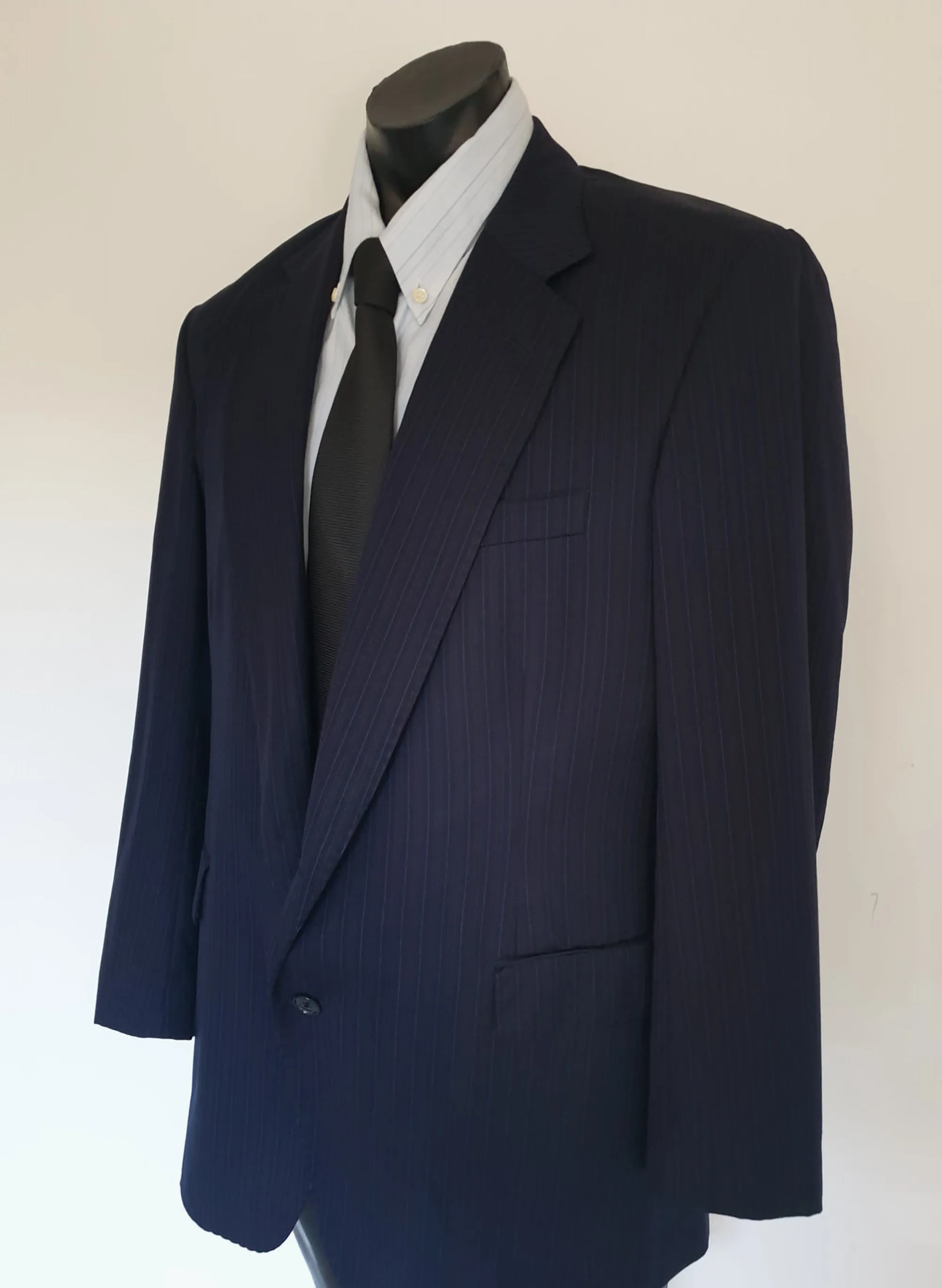 Classic Navy Blue Pinstriped Wool Jacket - Strickland & Sons Savile Row - 2010 - 42R
