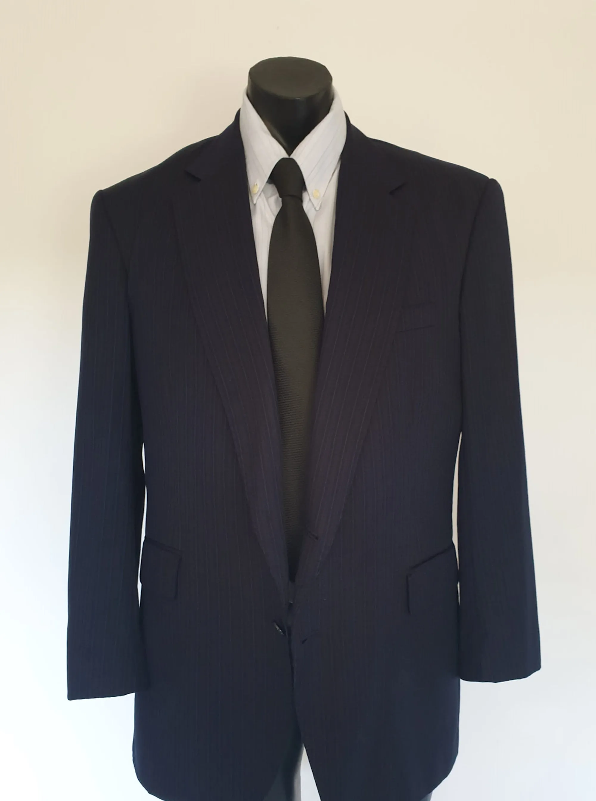 Classic Navy Blue Pinstriped Wool Jacket - Strickland & Sons Savile Row - 2010 - 42R