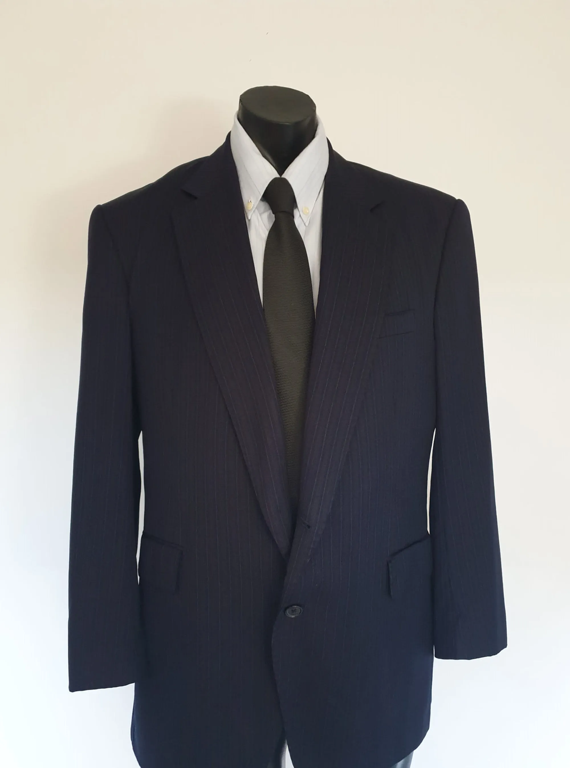 Classic Navy Blue Pinstriped Wool Jacket - Strickland & Sons Savile Row - 2010 - 42R