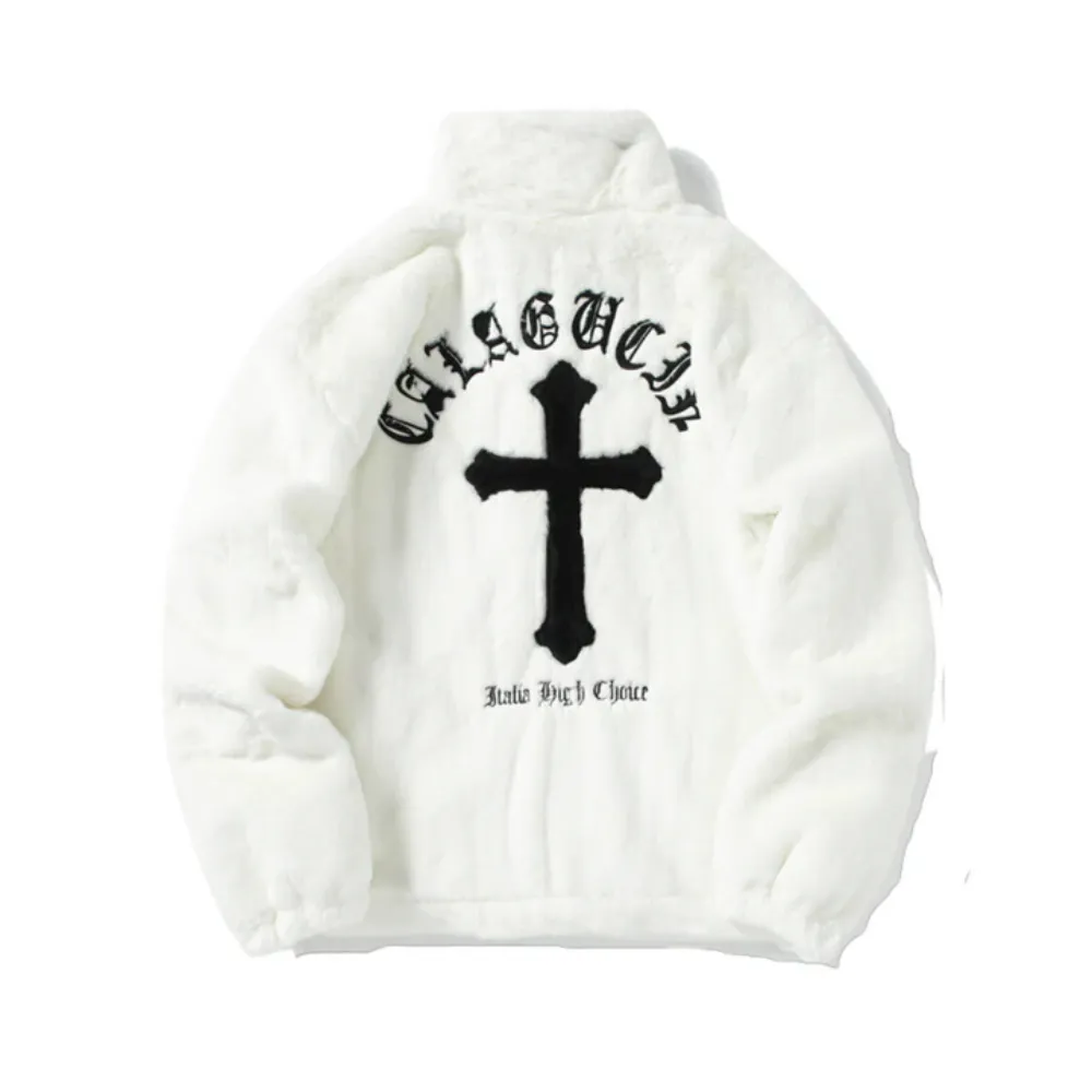 Hip Hop Cross Embroidery Fleece Coat