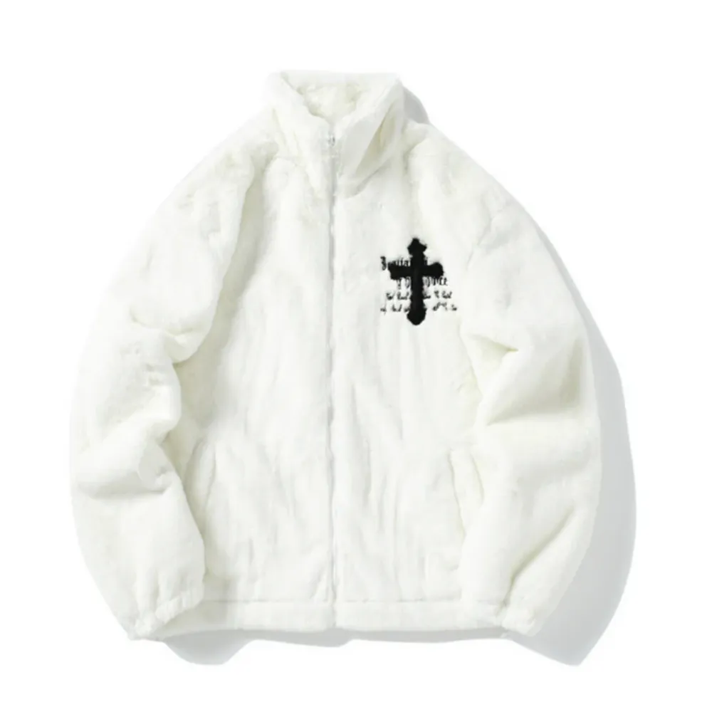 Hip Hop Cross Embroidery Fleece Coat