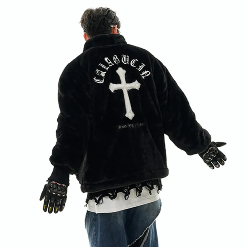 Hip Hop Cross Embroidery Fleece Coat