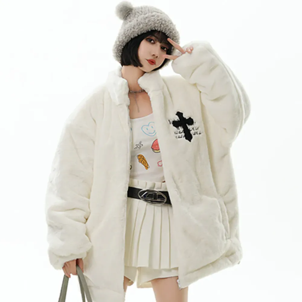 Hip Hop Cross Embroidery Fleece Coat