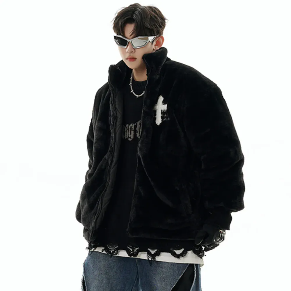 Hip Hop Cross Embroidery Fleece Coat