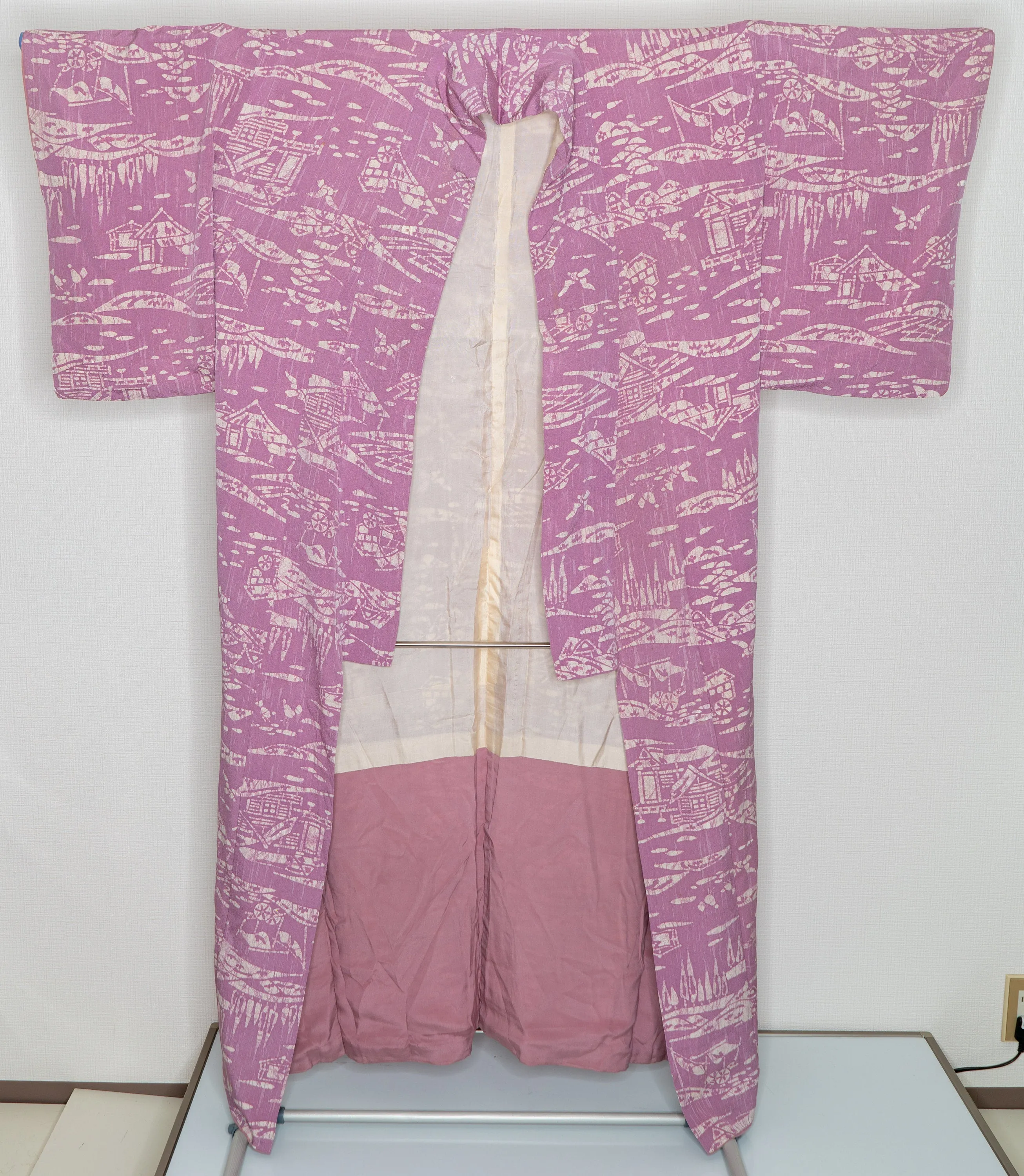 Pink Ancient Village Scenery Japanese Kimono - Birds Trees Huts Towns Japan Countryside Carts