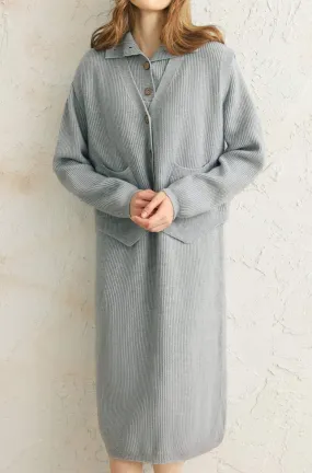 Two-Piece Set: V-Neck Irregular Hem Knit Vest   High Neck Long Shift Knit Dress