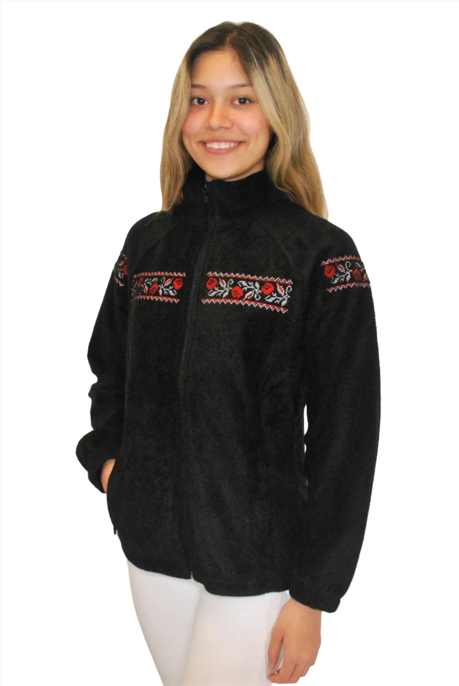 Women's embroidered full-zip fleece jacket. Black